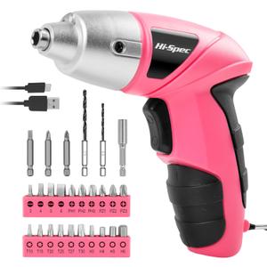 Hi-Spec Electric Screwdriver 27pc 3.6V Pink USB Small Power Screwdriver Set. Cordless & Rechargeable with Driver Bit Set
