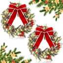 Giegxin 2 Pcs Christmas Lighted Wreath with Pinecones Red Berries Snowflake Decor and Large Red Bowknot Christmas Outdoor Wreath with LED Warm Lights for Xmas Winter Holidays Decoration (Elegant)