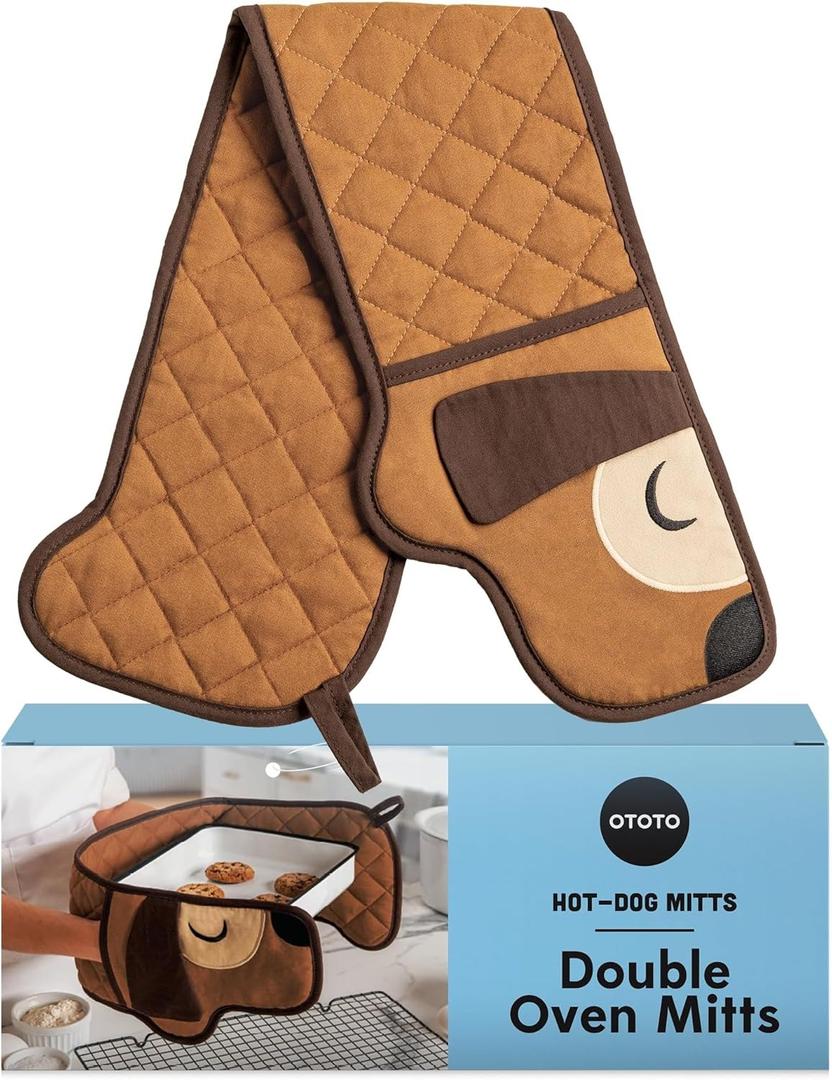 OTOTO Hot-Dog Double Oven Mitts Cute Funny - Gifts for Dog Lovers, Dachshund Themed Gifts, Heat Resistant, Kitchen Gadgets (Brown)