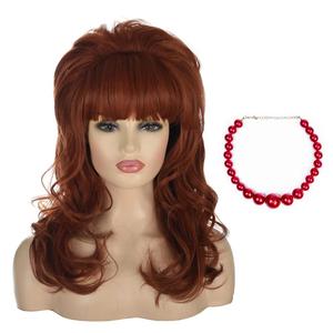 MORTICIA Women 80s Hippie Drag Queen Hair with Red Pearl Necklace Beehive Vintage Retro Bouffant Costume Curly Long Synthetic Wig with Bangs (Auburn)