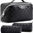 BOYATU Travel Makeup Bag Organizer Cosmetic Bag: 3 Pcs Set Large Capacity Make up Bag with Compartments - Waterproof Leather Toiletry Bags with Handle Travel Essentials Case Gifts for Women (01-Black)