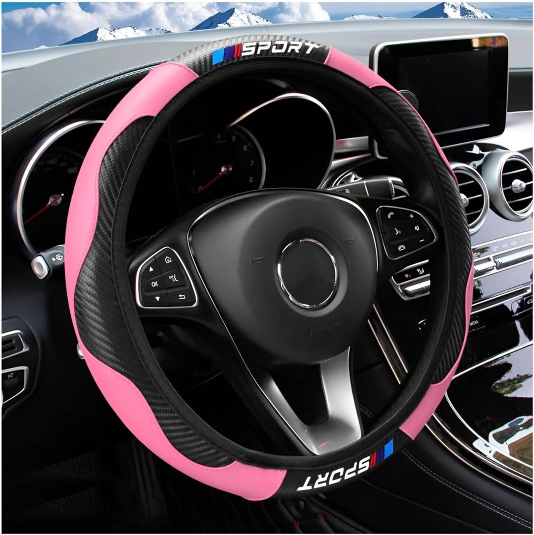 Carbon Fiber Car Steering Wheel Cover, 14.5-15 inch Elastic Stretch Breathable Comfortable Sport Vehicle Steering Wheel Protecter, Auto Protection Accessories, Universal Fit (Pink)
