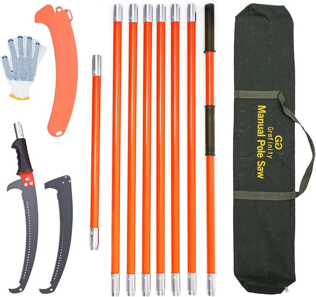 Grefinity Manual Pole Saw for Tree Trimming, 27 Feet Extendable Tree Trimmer Pole Saw, Telescoping Pruner Orange, Sharp Steel Blade, for Backyard and Garden Pruning Palms and Shrubs