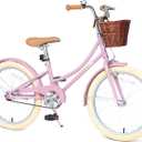 Retro Design Girls Bike with Basket and Coaster Brake for 3-13 Years Old Kids, 14 16 18 Inch Cruiser Bicycle for Toddlers with Training Wheels, 20 24 26 Inch with Kickstand, Multiple Colors (Pink)