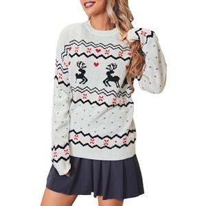 Miessial Women's Knitted Christmas Pattern Sweater Comfy Crewneck Long Sleeve Pullover Sweater (Large)