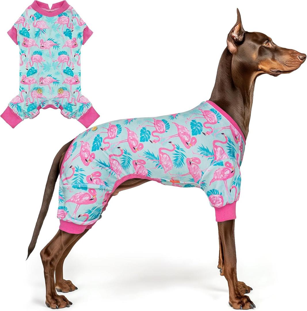 KYEESE Dog Pajamas Velvet Dog Pajamas Large Sized Dogs Soft Dogs Clothes Pjs with Flamingo Pattern Stretchy Pet Jammies Coat Comfy Pet Onesie Costume, Size 3X-Large (XXX-Large (60-80lbs))
