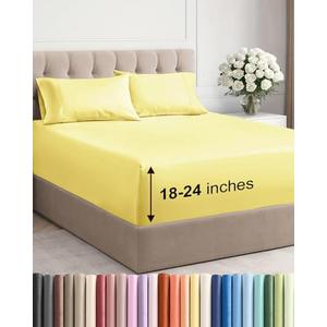 Extra Deep Queen Sheet Set - 4 Piece Breathable & Cooling Bed Sheets - Easily Fits 18 to 24 inch Mattress - Ultra Soft, Wrinkle & Fade Free w/ Extra Deep Pockets - Comfy Hotel Luxury Bedding - Yellow