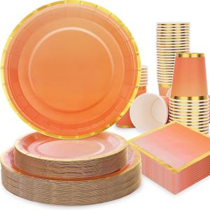 Gudvilla Orange Plates and Napkins Party Supplies 200Pcs, Orange Party Decorations, Serve 50, Fall Paper Plates for Birthday Autumn Fall Decorations