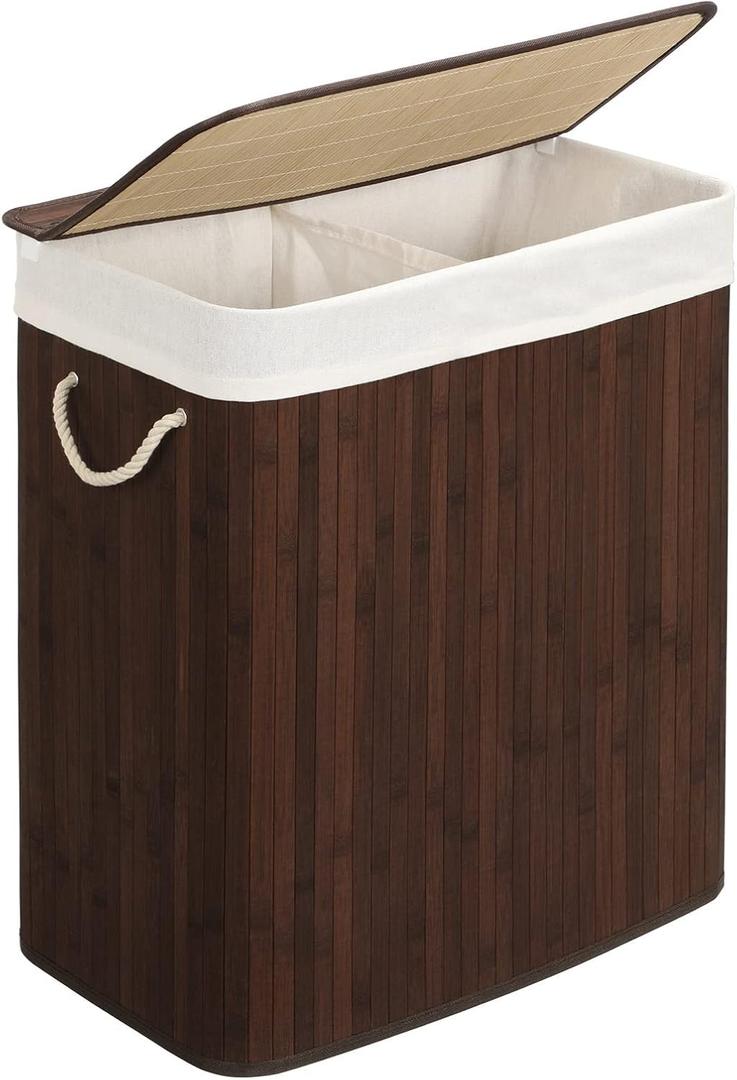 SONGMICS Laundry Hamper, 21.99 Gallons (100L), 2-Section Laundry Basket, Laundry Hamper with Lid, Bamboo, Foldable, Removable and Machine Washable Liner, for Laundry Room, Bedroom, Brown ULCB72Z