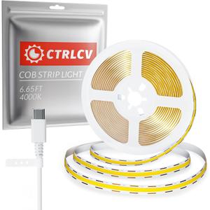 CtrlCV Type C COB LED Strip 6.56ft/2m- Flexible 8mm Hidden DC 5V LED Tape, 300 LEDs/m,Neutral White (4000K) Light. Cuttable, Shapeable,Mobile Power Bank,PC,Mobile Phone,TV,etc.can All be Used