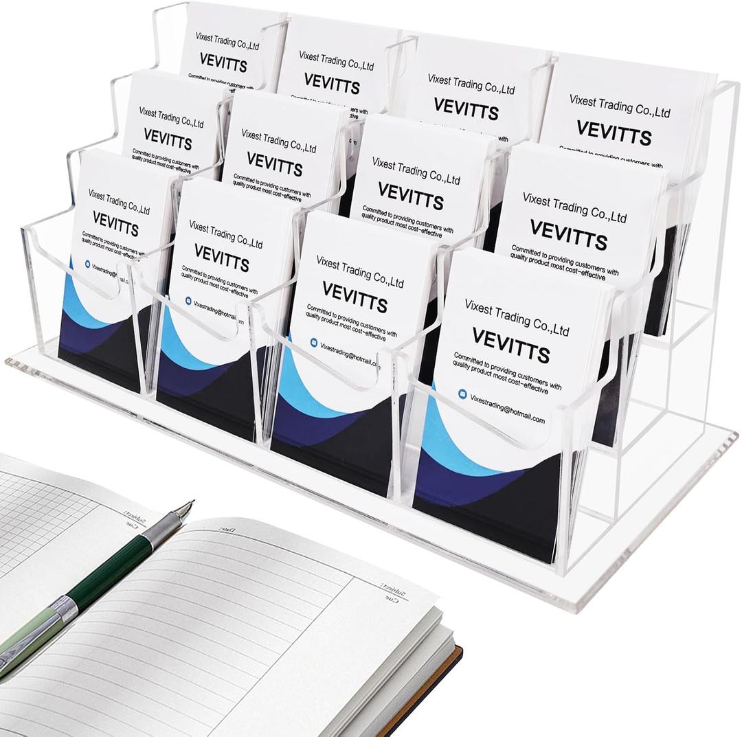 Vevitts Vertical Business Card Holder, Acrylic Business Card Display, Clear Desktop Business Card Stand for Exhibition, Home & Office Clear 3 Tiers 12 Slots
