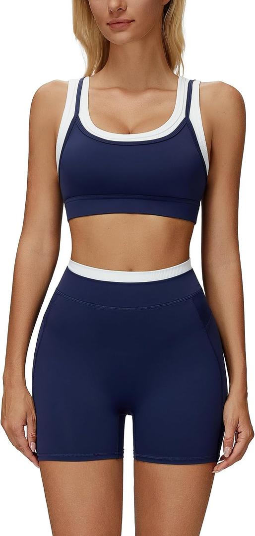 ABOCIW Womens Layerd Workout Sets Square Neck Sports Bra Tummy Control High Waist Biker Shorts Yoga Pilates Outfits, Size: 6-8