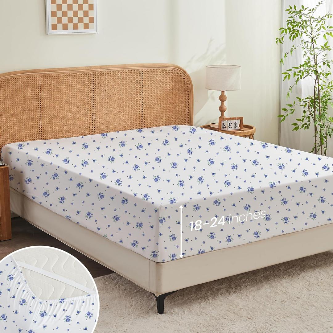 King Fitted Sheet Only,Microfiber Patterned Fitted Sheet Deep Pocket 18 Inches, Ultra Soft & Wrinkle Resistant King Fitted Sheet Deep Pocket,Blue Floral