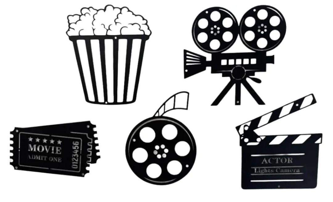 5Pcs Metal Movie Poster Wall Decor, Vintage Home Theater Accessories, Popcorn Sign, Action Media Room Decor, Cinema Reel Wall Art as Theater Gifts, Movie Lover Gifts for Baseroom and Mediaroom