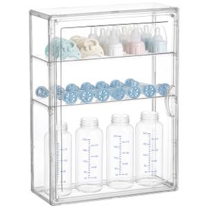 HBlife Baby Bottle Storage Organizer for Countertop Cabinet, 3 Tiers Adjustable Clear Acrylic Bottles Storage Station Case Box Container with 2 Removable Dividers and Magnetic Door, XXL 45x33x33cm