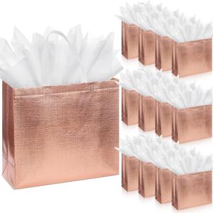 Sweetude 50 Pcs Reusable Gift Bags with Handles Grocery Gift Bags with Tissue Paper Glitter Shopping Bags for Present Birthday Wedding Party(Rose Gold, 13 x 5 x 11 Inch)