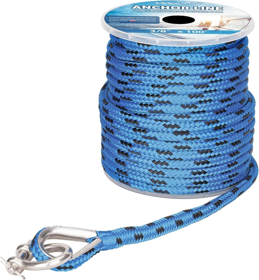 MARINE SYSTEM Made 3/8 Inch 100FT 150FT Blue/Black Nylon Anchor Line Double Braided Anchor Rope/Line with Stainless Steel Thimble and Shackle (3/8" x 150')