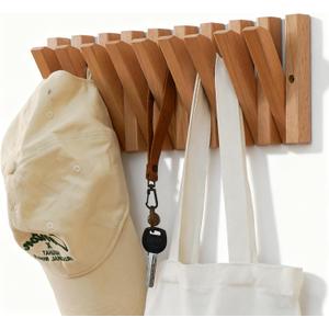 Coat & Hat Hooks Wall Mount with Key Holder, Wall Mounted Coat Rack with 9 Retractable Hangers, Solid Wood Slim Key Holder for Entryway, 17in Natural Finish