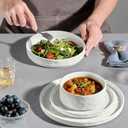E-far 16-Piece Plates and Bowls Sets with Pasta Bowls - Stoneware Dinnerware Set for 4, Modern Ribbed Speckled White Dishes, Microwave & Dishwasher Safe