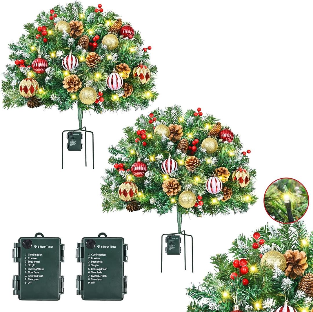 2 Pack 23" Outdoor Christmas Tree Urn Filler, Christmas Planter Filler with 50 LED Lights, Pine Cones, Christmas Balls & Red Berries, Tripod Stake for Outdoor Holiday Home Decorations