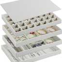 Jewelry Organizer Tray with Lid,Extra Large Set of 4 Jewelry Trays for Drawers Stackable Jewelry Holder Inserts PU Leather Jewellery Storage for Ring Earring Necklace Bracelet Gift for Mom(Grey)