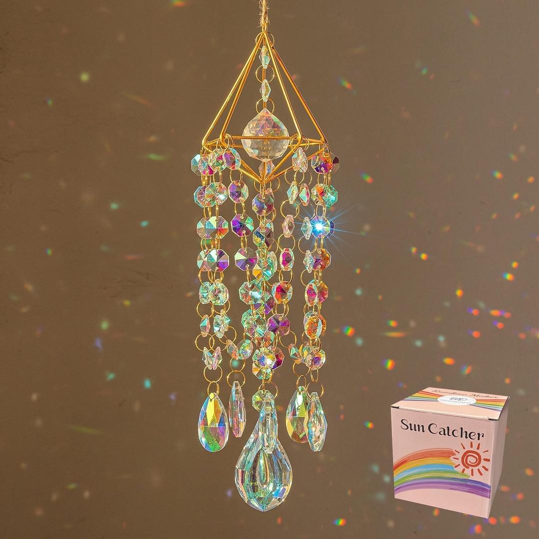HDCRYSTALGIFTS Crystal Suncatchers for Window Hanging Wind Chime Style Garden Sun Catchers with Crystals Rainbow Maker Indoor Outdoor Decor Handmade Gold Plated