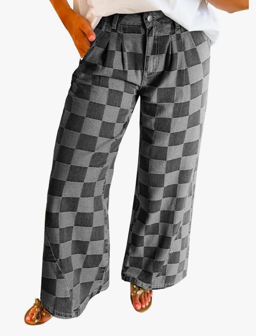 Womens Plaid Print Baggy Wide Leg Jeans High Waisted Straight Leg Denim Pants Chessboard Pattern Jeans Size 4
