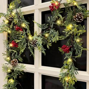 6 FT Artificial Christmas Garland, Faux Cypress Leaf Evergreen Garland with 20 LED Lights, Red Berries and Pinecones, Green-Yellow Leaves, Timer, Perfect for Indoor Outdoor Window Mantel