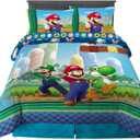 Super Mario Kids Full Size Bedding, 5 Piece Super Soft Cozy Reversible Comforter and Sheet Set, (Officially Licensed Product) By Franco