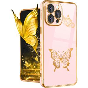 Petitian for iPhone 14 Pro Max Case, Cute Women Girls Gold Butterflies Designed Cases for iPhone 14 Pro Max, Girly Gold Plating Cover for 14 Pro Max with Camera Protector