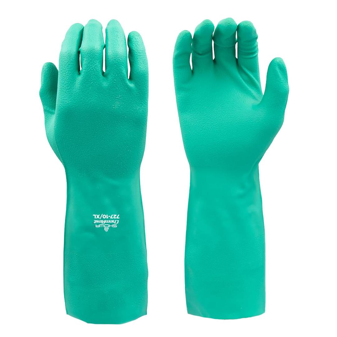 SHOWA 727 Chemical Resistant Gloves, 15-mil Unsupported Nitrile, 13-inch Extended Gauntlet, Bisque Grip, CE Cat III & Food Safe, Latex-Free, Green, X-Small, 12-Pack