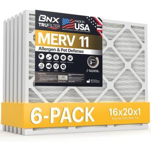 BNX TruFilter 16x20x1 Air Filter MERV 11 (6-Pack) - MADE IN USA - Allergen Defense Electrostatic Pleated Air Conditioner HVAC AC Furnace Filters for Allergies, Dust, Pet, Smoke, Allergy MPR 1200 FPR 7