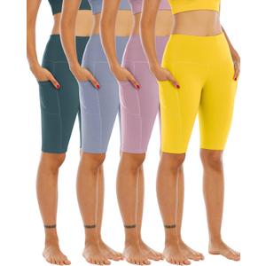 WHOUARE 4 Pack Biker Yoga Shorts with Pockets for Women,High Waisted Athletic Running Workout Gym Shorts Tummy Control, Small