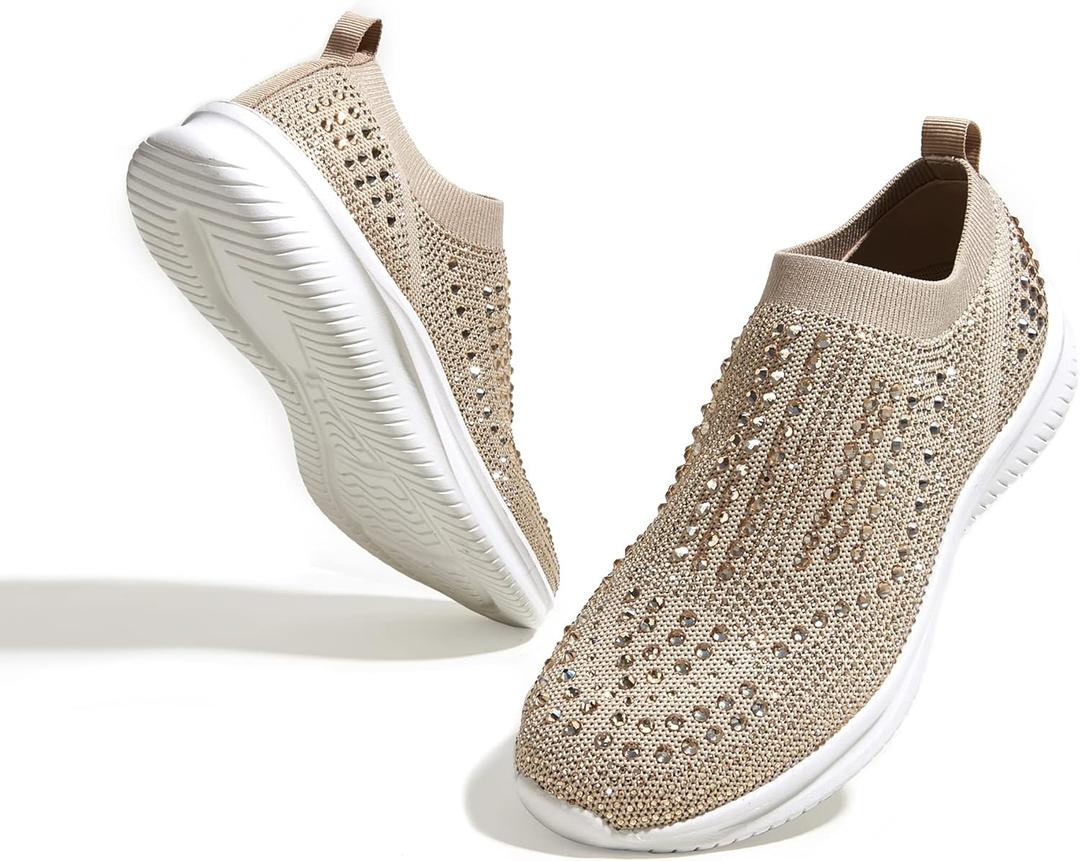 BELOS Women's Rhinestone Mesh Slip On Walking Shoes Fashion Breathable Spakle Glitter Sneaker (9)