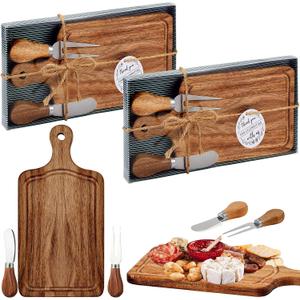 2 Set Bridal Baby Shower Cheese Prizes Wooden Square Board Gift Set Knives Forks Thank You Tags with Box for Guests for Valentines Bridal Baby Shower Housewarming Gifts (Acacia Color)