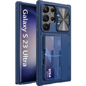 Vihibii for Samsung Galaxy S23 Ultra Case with Card Holder (4 Cards) & Sliding Camera Cover & Kickstand, Shockproof Rugged Hard Back & TPU Edge Wallet Case for Galaxy S23 Ultra 5G 6.8" 2023, Blue