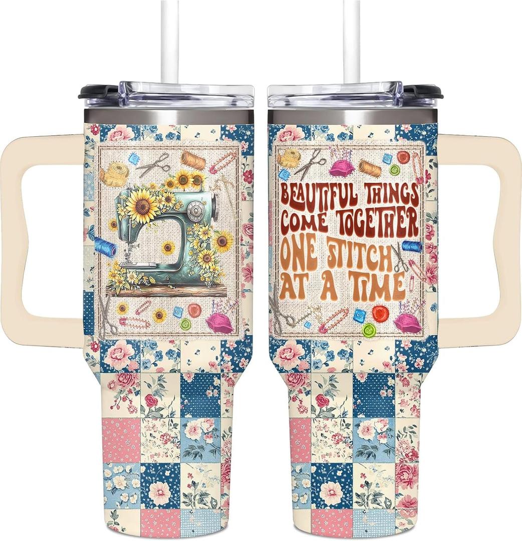 Sewing Gifts for Women, Quilt, Quilting Lovers, Tailors, Crafters - 40oz Tumbler with Handle Sewing Themed - Mother’s Day Gift for Sewists Birthday Gifts Idea for Quilters, Teacher