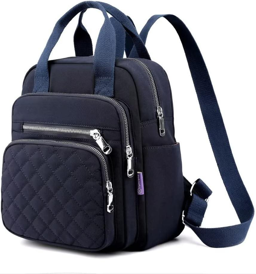 Small Backpack for Women Casual Quilted Square Bag Waterproof Multi Pockets Daypack Lightweight Top Handle Satchel (Dark Blue)
