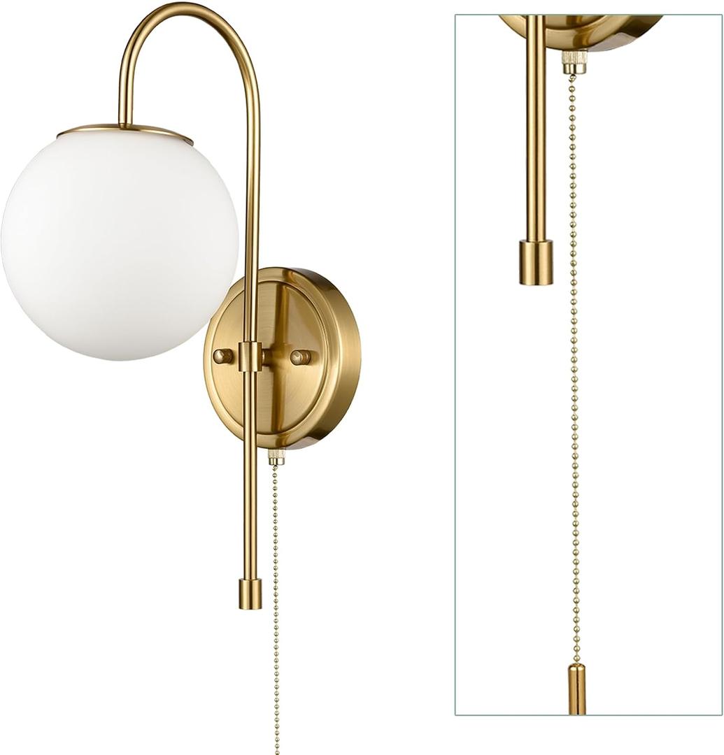 DEYNITE Modern Gold Wall Sconce Milk Globe Wall Light Fixtures with Pull Chain Switch for Bedroom Bathroom Balcony