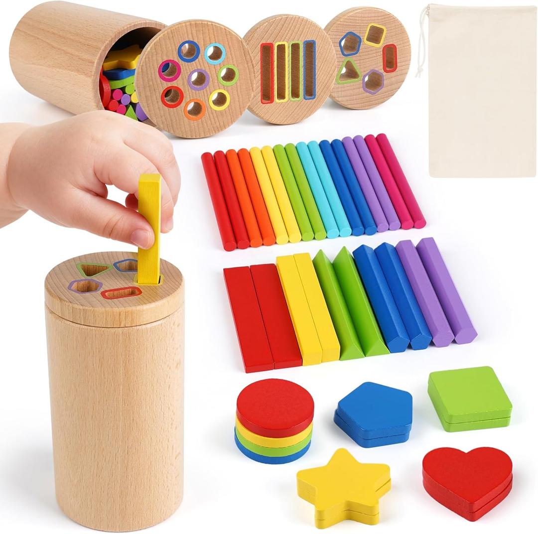 DINORUN Wooden Montessori Toddler Toys - 3 in 1 Sensory Toys for Color Shape Matching, Learning Fine Motor Skills, Educational Toys for Toddlers 1-3, Travel Toys for Boys Girls Gifts