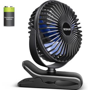 BESKAR Portable Clip on Fan Rechargeable, 4 Speeds Small Battery Operated Fans, USB Desk Fan with Strong Airflow, Sturdy Clamp Fans for Golf Cart Office Outdoor Travel Camping (Black Blue)
