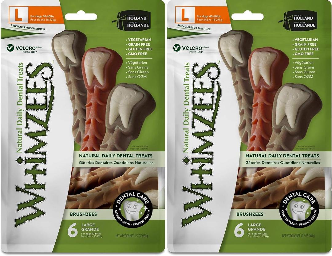 Whimzees Wellness Brushzees Natural Dog Dental Treat, VOHC Accepted Chews, Freshens Breath, Large Size, 12.7 oz Bag, 6 Count (EXP 02/15/28)
