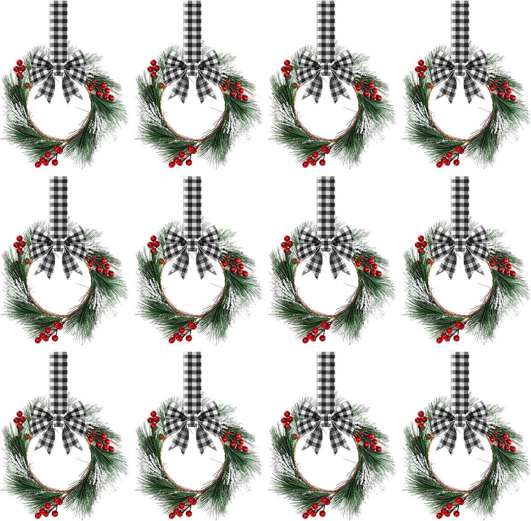 Crowye 12 Pcs Small Mini Christmas Cabinets Wreaths for Kitchen with Ribbon 10'' Hanging Artificial Green Leaves Decor Berry for Window Front Door Kitchen Wall Decor (Black and White)