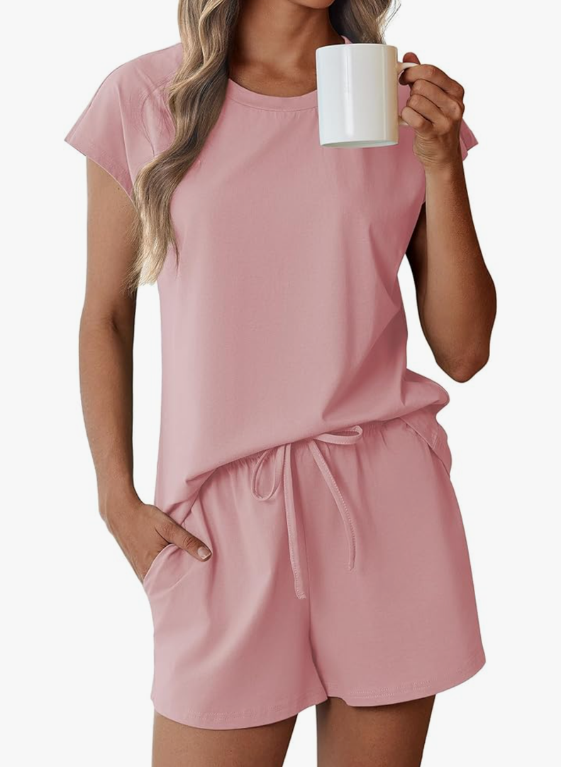Ekouaer Cotton Pajamas for Women Set 2 Piece Cap Sleeve Pjs Shorts Set Lounge Sets Sleepwer , Size S