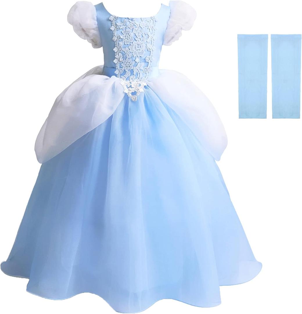 MDYCW Cinderella Princess Dress Puff Sleeve Costume, Special Occasion Dresses for Toddler Girls Age 6-7 Years, Ultra Soft Lace Fancy Gown Birthday Party Dress Up, Blue