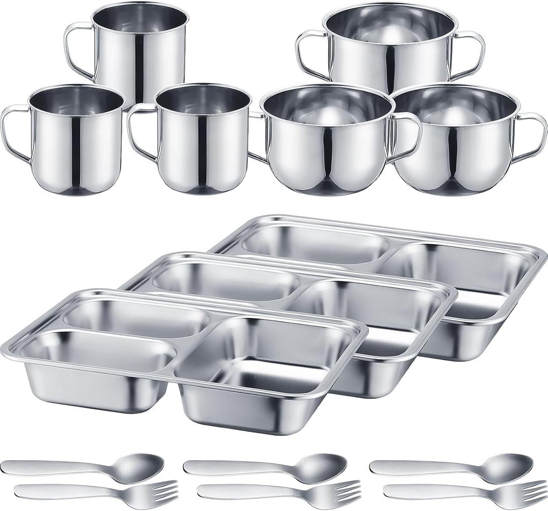 Tioncy 15 Pcs Stainless Steel Kids Dinnerware Set Stainless Steel Toddler Plates and Bowls Set Divided Plates Cups Bowls Forks and Spoons 3 Compartment Dinner Dish for Babies Toddlers and Kids