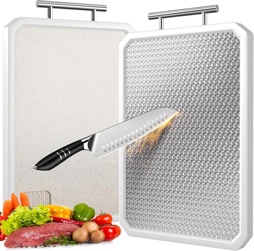 304 Stainless Steel Cutting Board,Double Sided Chopping Board for Kitchen,Scratch Resistant Mesh Design,Anti-Slip Silicone Edges(White,16"*12")
