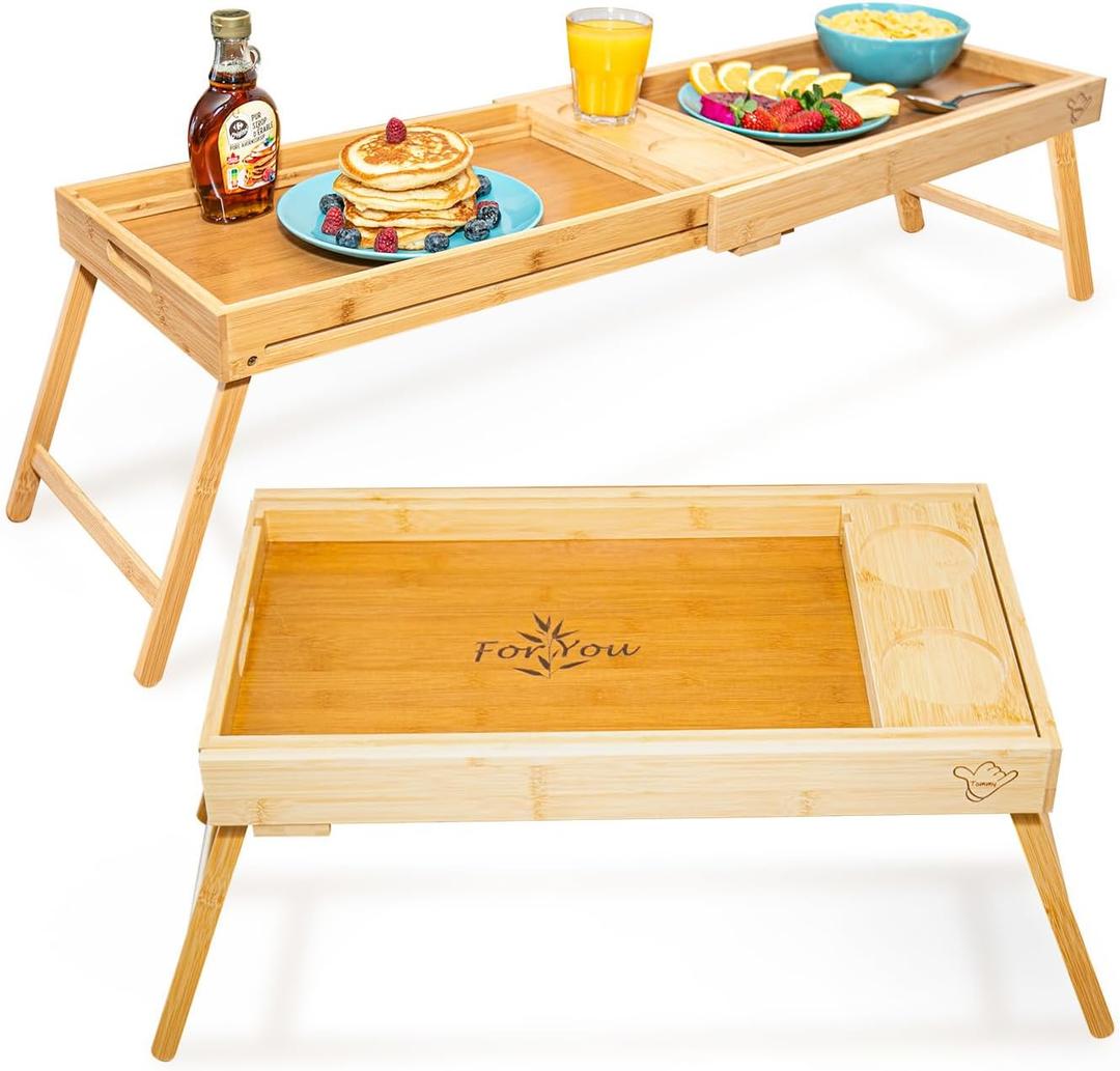 Breakfast Bed Tray for Two - Couple Bed Table Tray w/Cup Holder, Serving/Eating Food Trays - Space Saving Couch, Garden, Couple Food, Gift Ready Wooden Lap Trays with Legs, Bamboo Tray