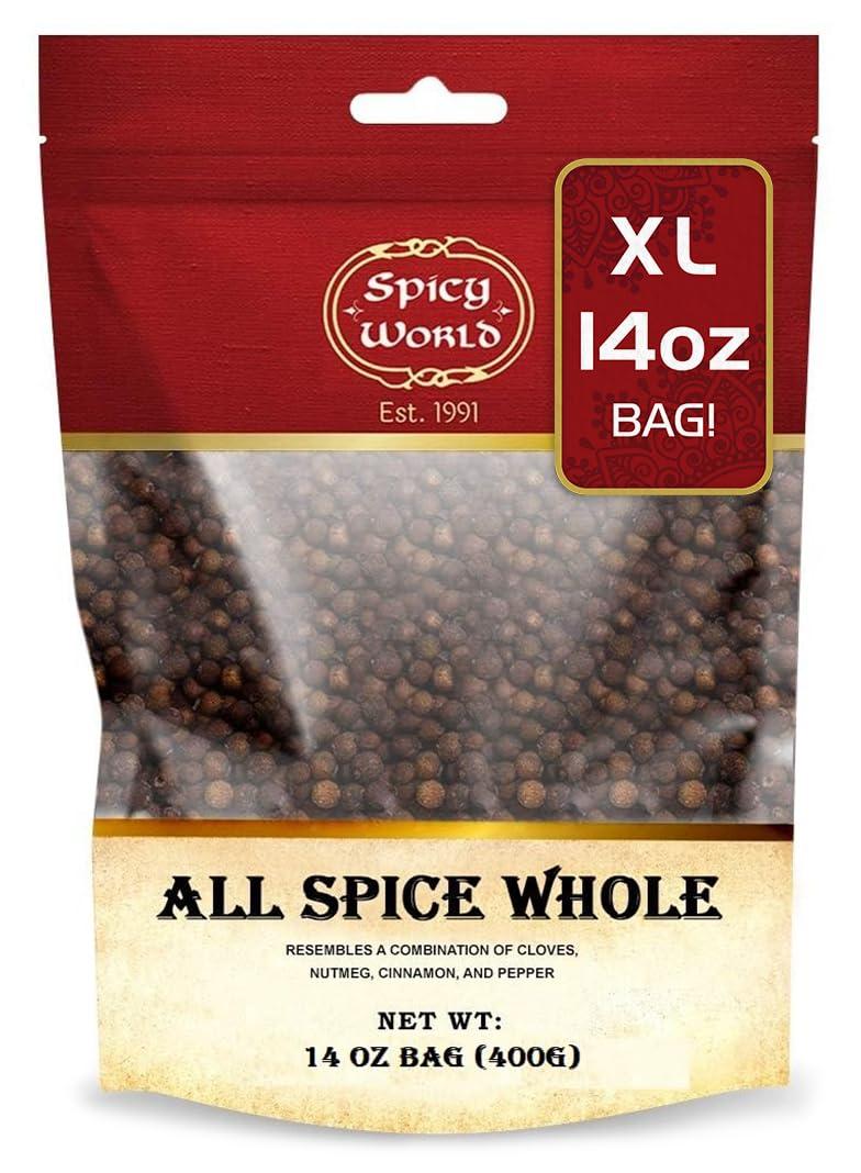 Spicy World Whole Allspice Berries 14 Oz Resealable Bag | All Spice Pimento Jamaica Pepper for Cooking & Seasoning | Versatile Berry for Curries, Soups and even Pastries (EXP 12/31/27)