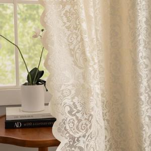 ALIGOGO Beige Sheer Curtains 84 Inches Long 2 Panels - Boho Chic Flower Lace Curtains for Living Room, Farmhouse Scalloped Edegs Natural Beige Drapes Lightweight Privacy Neutral Decor, 52W x 84L Inch